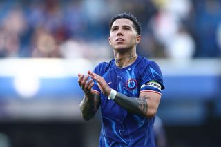 Enzo Fernandez of Chelsea applauds the fans after the team's victory during the Premier League match between Chelsea FC and Leicester City FC at Stamford Bridge on March 09, 2025 in London, England.