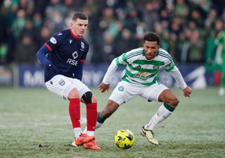 Ronan Hale of Ross County and Auston Trusty of Celtic in action during the Scottish Premiership match at the Global Energy Stadium in Dingwall, January 2025