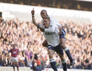 Allan Nielsen celebrates with Chris Armstrong after scoring for Tottenham against Aston Villa in October 1996.