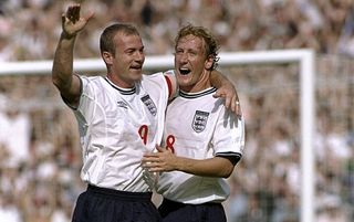 4 Sep 1999: Alan Shearer and Ray Parlour of England celebrate during the Euro 2000 qualifying match between England and Luxembourg played at Wembley Stadium in London, England. England won the game 6-0.  Mandatory Credit: Laurence Griffiths /Allsport