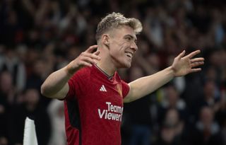 Rasmus Hojlund celebrates after scoring for Manchester United against Newcastle United in May 2024.
