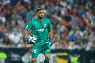 Giorgi Mamardashvili of Valecia in action during the Santander League match between Valencia CF and Fc Barcelona at the Mestalla Stadium on August 29, 2022, in Valencia, Spain. Liverpool goalkeeper