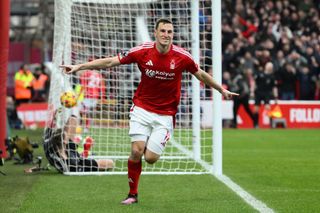 Chris Wood celebrates after scoring for Nottingham Forest in the Premier League match against Brighton & Hove Albion at the City Ground on 1 February, 2025