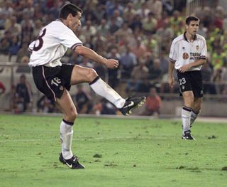 Kily Gonzalez scores for Valencia against Rangers in the Champions League in September 1999.