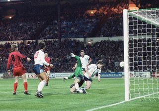 Chris Waddle scores a header for England in their 5-0 win over Albania at Wembley in 1989