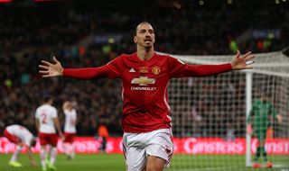 Zlatan Ibrahimovic celebrates after scoring Manchester United's third goal against Southampton in the 2017 League Cup final.