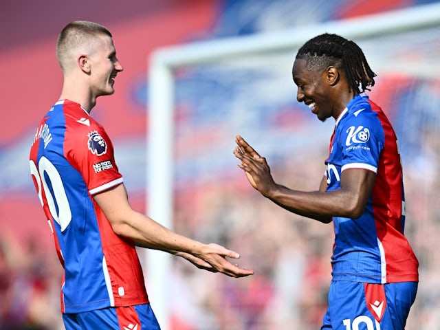 Crystal Palace's Adam Wharton and Eberechi Eze celebrate on May 1, 2024