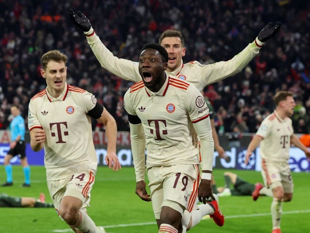 Alphonso Davies celebrates after scoring for Bayern Munich on February 18, 2025