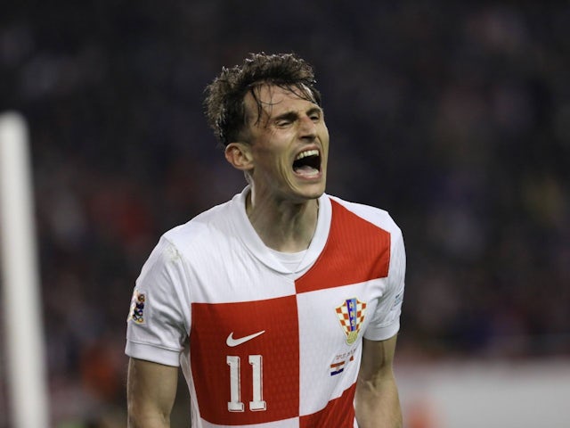 Ante Budimir of Croatia after scoring against France, on March 20, 2025