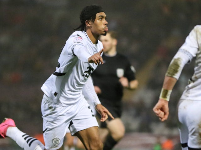 Port Vale striker Antwoine Hackford celebrates a goal on December 26, 2024