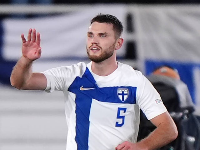 Finland's Arttu Hoskonen celebrates scoring on October 13, 2024