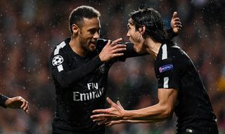 Neymar and Edinson Cavani celebrate a goal for Paris Saint-Germain against Celtic in the Champions League in September 2017.