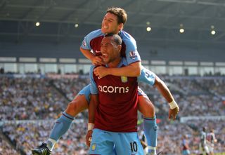 John Carew celebrates with Gareth Barry after scoring for Aston Villa against West Brom in September 2008.