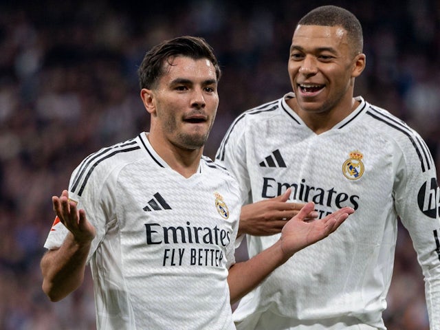 Real Madrid's Brahim Diaz with Kylian Mbappe on January 19, 2025