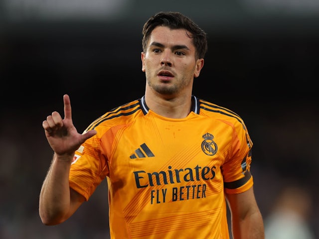 Real Madrid's Brahim Diaz celebrates scoring against Real Betis on March 1, 2025