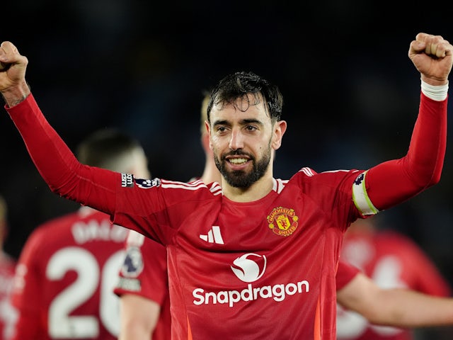 Manchester United's Bruno Fernandes reacts on March 16, 2025