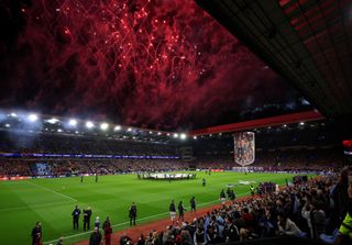 General view inside the stadium as a banner is displayed and fireworks are set off prior to the UEFA Champions League 2024/25 League Phase MD2 match between Aston Villa FC and FC Bayern München at Villa Park on October 02, 2024 in Birmingham, England.