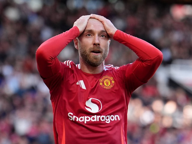 Manchester United's Christian Eriksen reacts on October 19, 2024