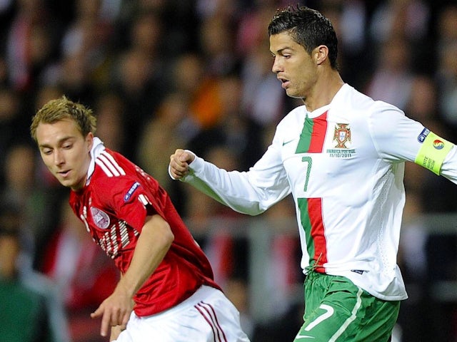 Denmark's Christian Eriksen in action with Portugal's Cristiano Ronaldo on March 16, 2025