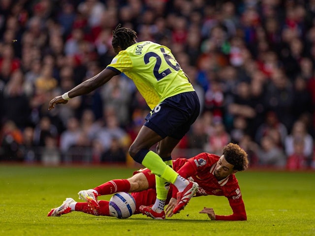 Liverpool's Curtis Jones challenges Southampton's Lesley Ugochukwu during their sides' clash, on March 8, 2025