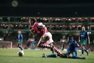 John Jensen in action for Arsenal against Nottingham Forest at Highbury in February 1995.