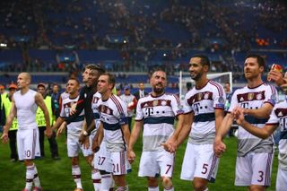 Bayern Munich players celebrate after their 7-1 win away to Roma in the Champions League in October 2014.