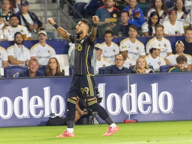 Denis Bouanga of LAFC celebrates against LA Galaxy on September 14, 2024