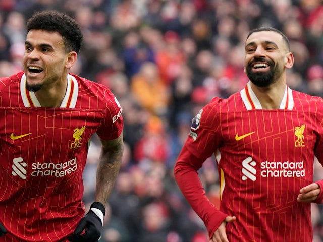 Liverpool's Luis Diaz and Mohamed Salah celebrate on February 16, 2025