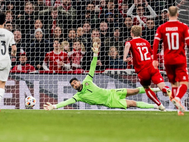 Diogo Costa saves a penalty for Portugal on March 20, 2025