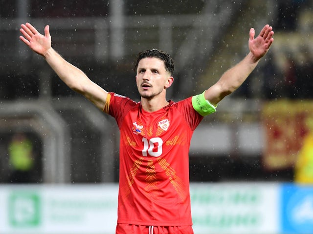 North Macedonia's Enis Bardhi celebrates scoring on September 10, 2024