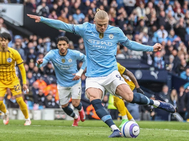 Manchester City's Erling Haaland scores a penalty on March 15, 2025