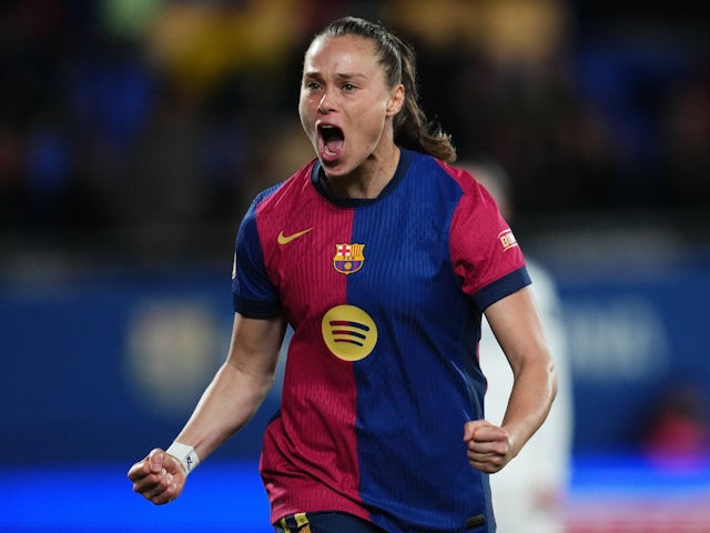 Barcelona Women's Ewa Pajor celebrates after scoring on March 12, 2025