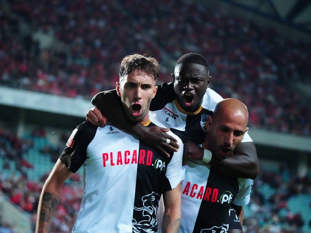 Dario Poveda, Elves Balde and Angelo Neto of Farense celebrate after scoring on November 2, 2024