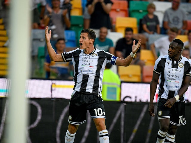 Udinese's Florian Thauvin celebrates after scoring a goal during Udinese Calcio vs SS Lazio, August 2024