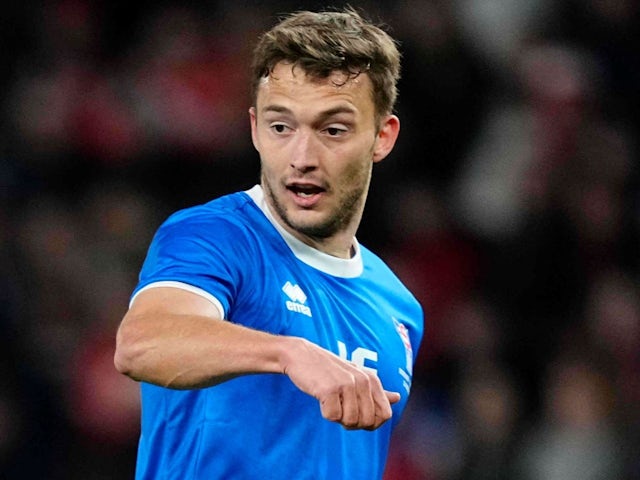 Faroe Islands player Gunnar Vatnhamar during his nation's match against Denmark, on March 26, 2024