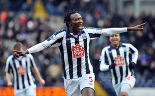 Somen Tchoyi celebrates after scoring for West Brom against Newcastle in December 2010.