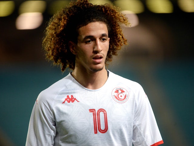 Hannibal Mejbri in action for Tunisia on March 24, 2023