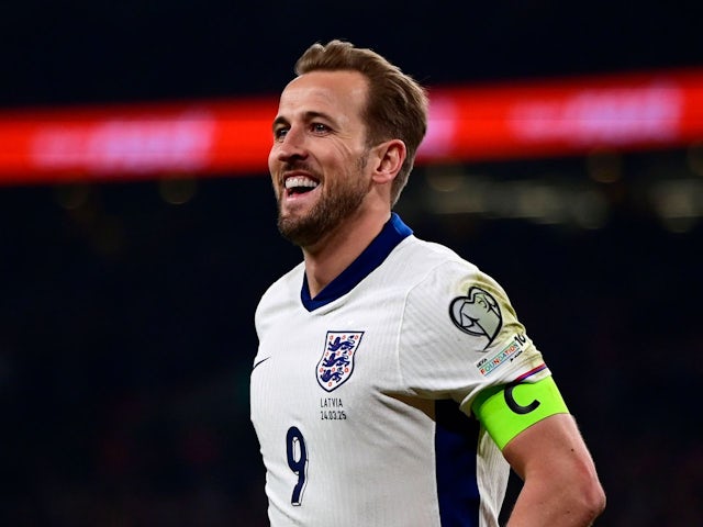 England's Harry Kane celebrates after scoring on March 24, 2025