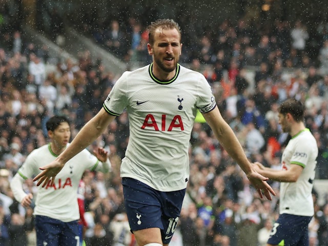 Harry Kane celebrates scoring for Tottenham Hotspur on May 6, 2023