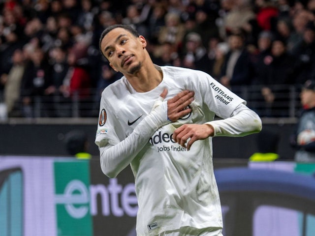 Eintracht Frankfurt's Hugo Ekitike celebrates scoring against Ferencvaros, on January 23, 2025