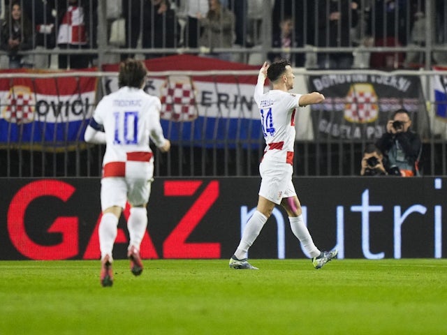 Ivan Perisic of Croatia celebrates after scoring against France, on March 20, 2025