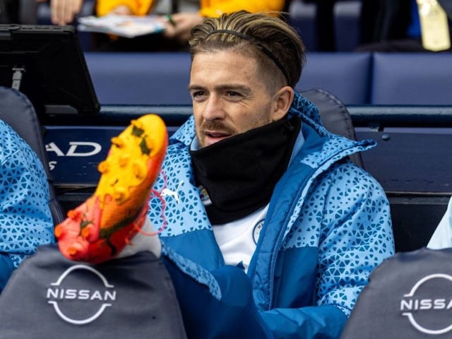 Manchester City's Jack Grealish on the bench during his side's match against Luton Town, on April 13, 2024