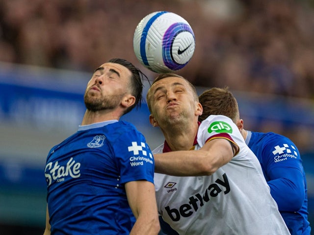 Everton's Jack Harrison (left) and West Ham United's Tomas Soucek (right) battle for the ball, on March 15, 2025