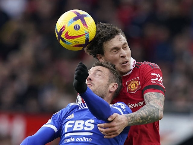 Victor Lindelof of Manchester United challenges Jamie Vardy of Leicester City during the Premier League match on February 19, 2023