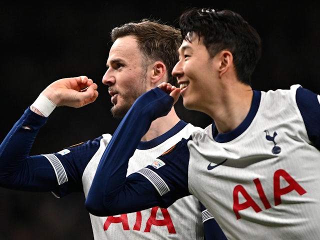 Tottenham Hotspur's Son Heung-min and James Maddison pictured on March 13, 2025