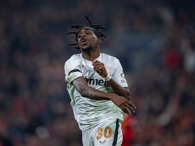 Bayer Leverkusen's Jeremie Frimpong reacts during his side's UEFA Champions League game against Liverpool FC on November 5, 2024