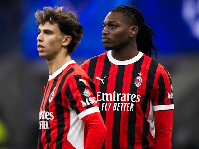 Joao Felix and Rafael Leao of AC Milan look dejected on February 18, 2025