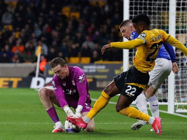 Jordan Pickford of Everton makes a save against Wolverhampton Wanderers, on March 8, 2025