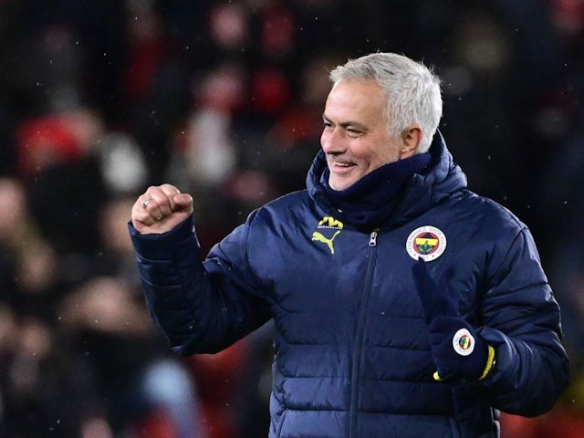 Head coach Jose Mourinho of Fenerbahce celebrates victory after his side's UEFA Europa League match against Slavia Praha, on November 28, 2024