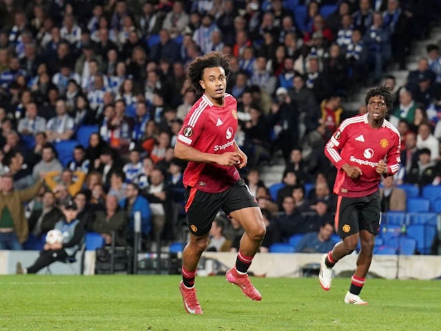 Manchester United forward Joshua Zirkzee scores against Real Sociedad, on March 6, 2025